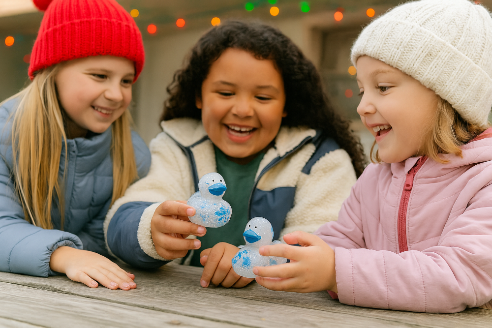 Three children playing with small blue figurines on a wooden surface.