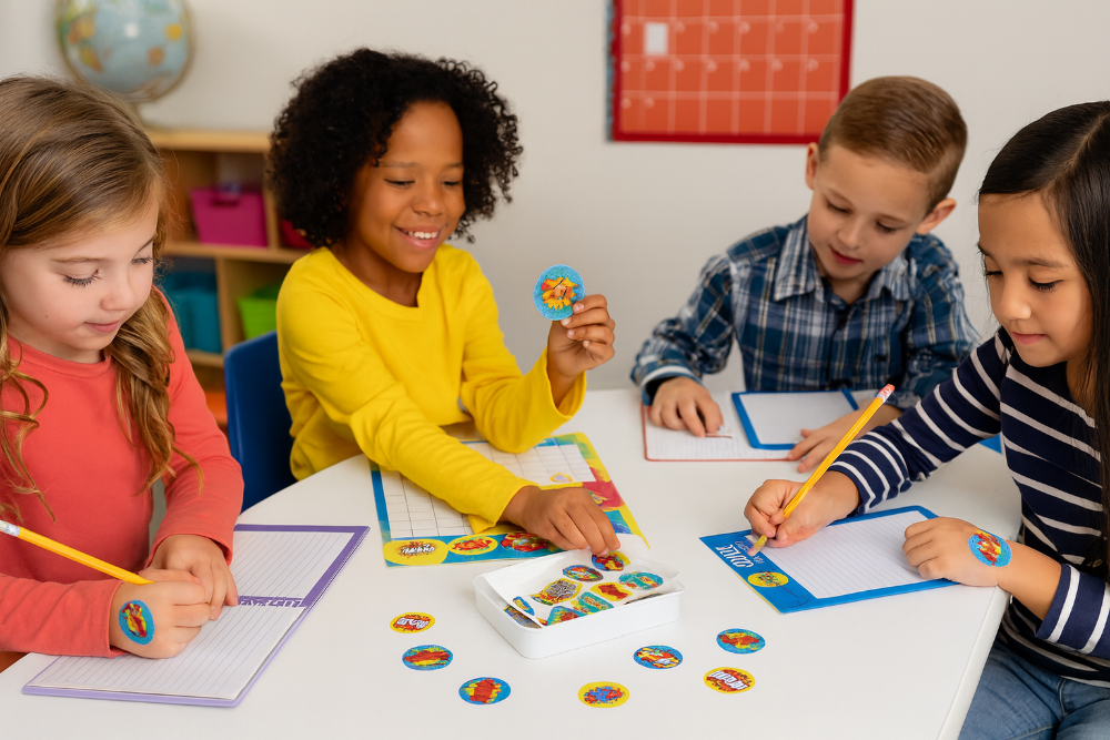 Children sitting at a table with coloring books and stickers in a classroom setting.