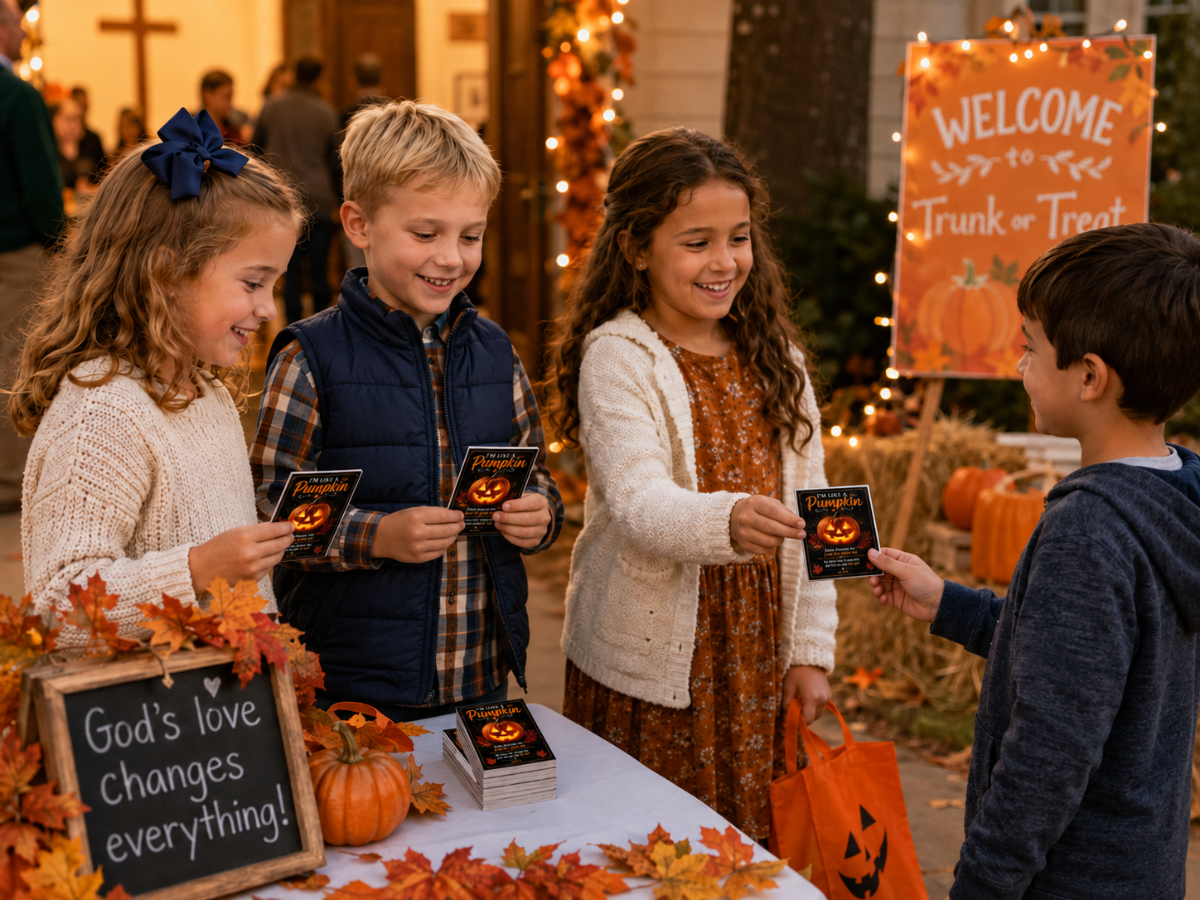 Four children standing at a Halloween-themed table, each holding a small book or booklet with a pumpkin illustration on the cover. The scene includes fall decorations, pumpkins, autumn leaves, and a sign that reads 'Welcome to Trunk or Treat.