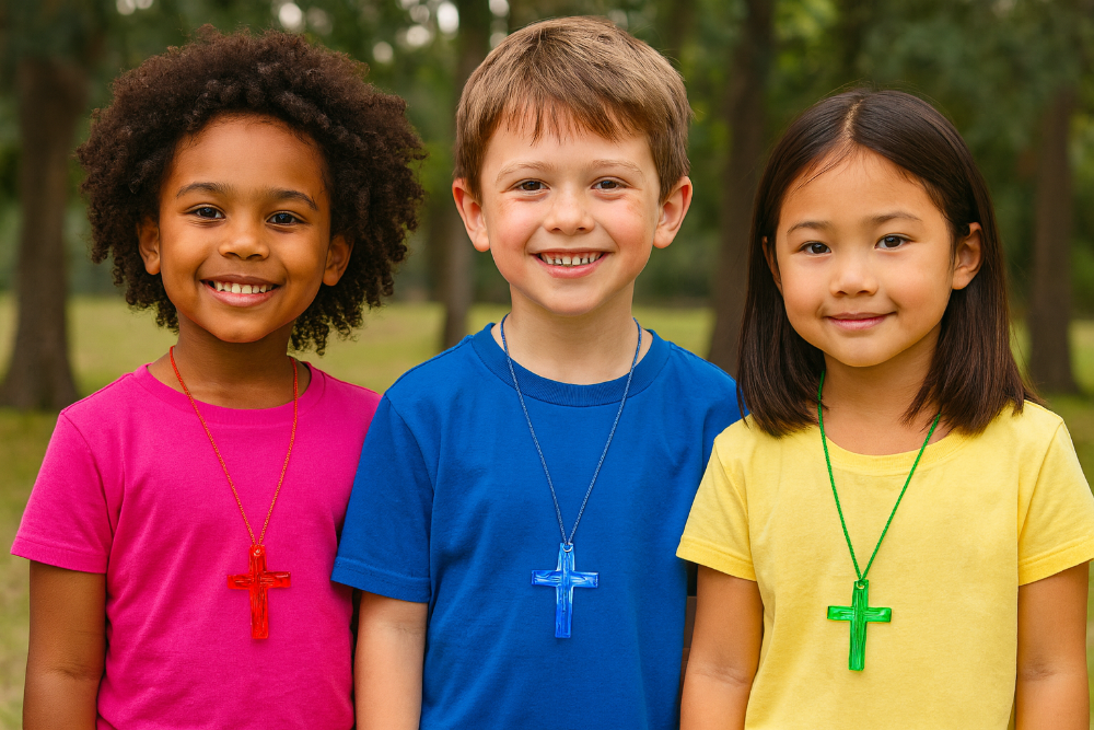 kids wearing crystal cross necklaces