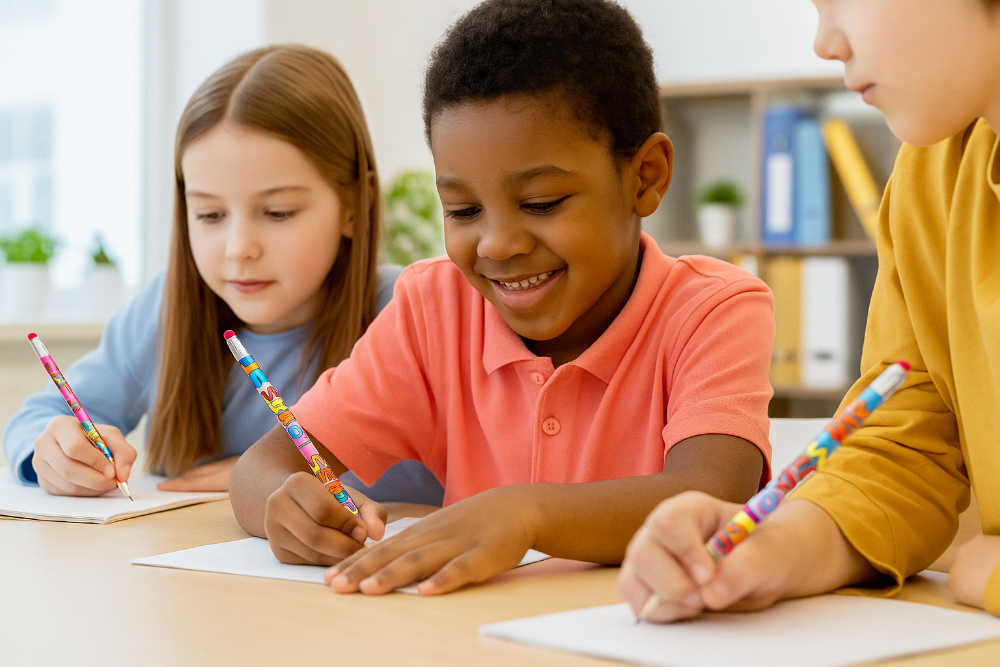 Three children sitting at a table, drawing with colorful pencils.