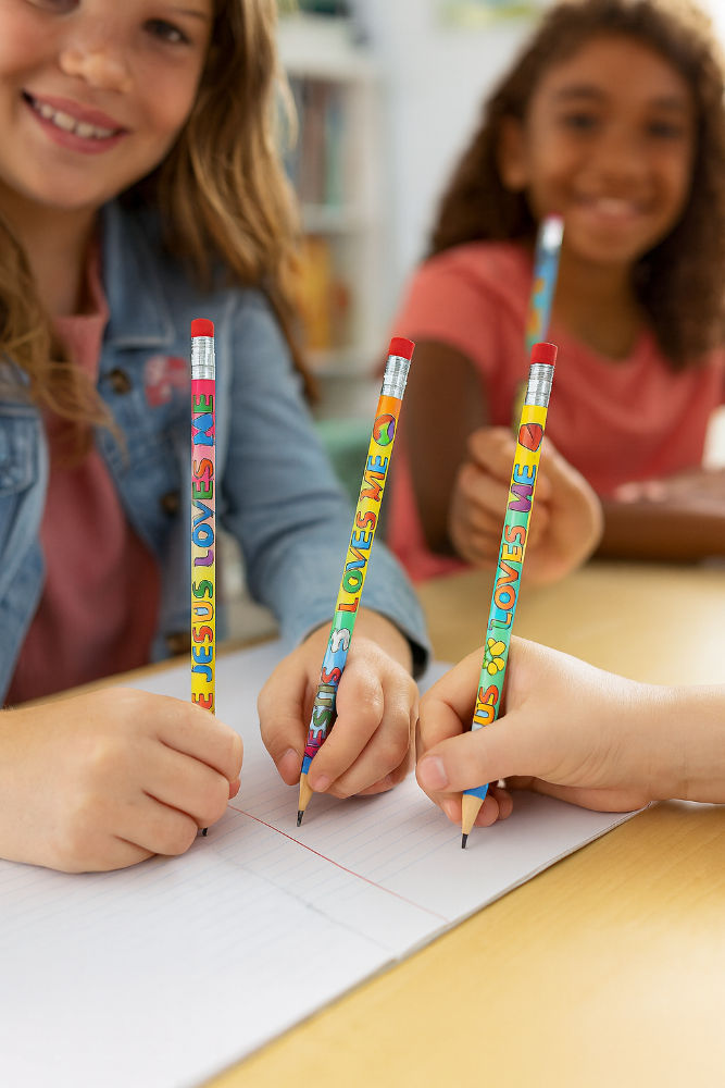 Children holding colorful pencils and smiling at a table