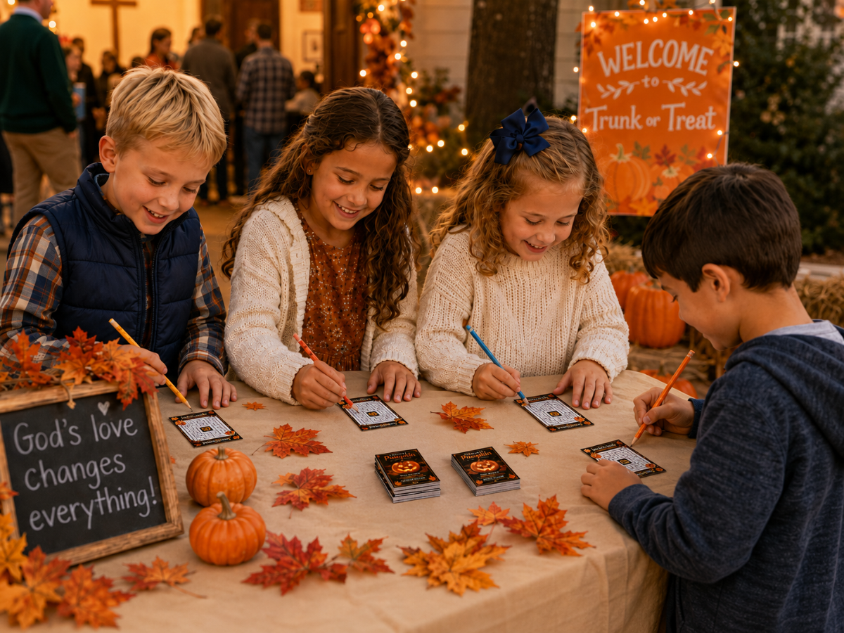 Four children sitting around a table at a fall-themed event, writing on small gospel tract doing a pumpkin maze puzzle. The table is decorated with autumn leaves, pumpkins, and a chalkboard sign that reads 'God's love changes everything!'.
