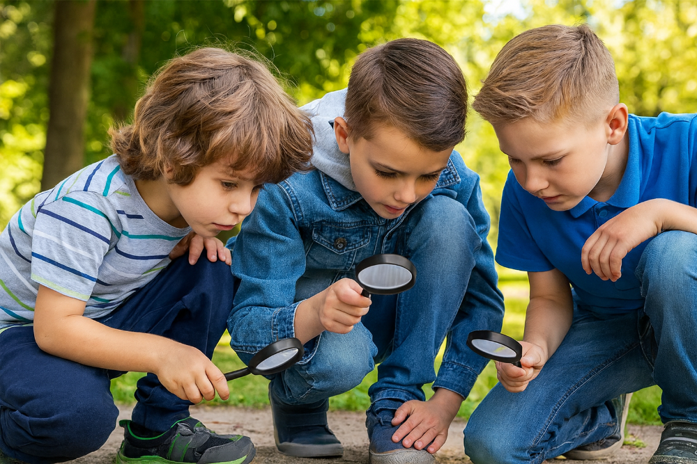 Three children in a park using magnifying glasses