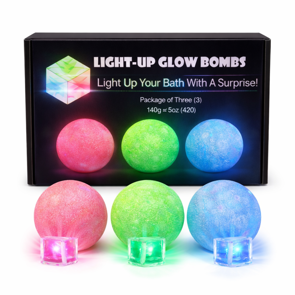 Box of light-up glow bombs with three colorful balls and small lights on a white background.