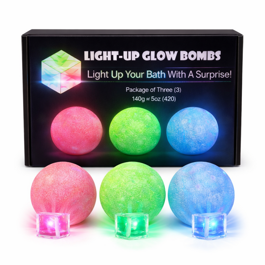 Box of light-up glow bombs with three colorful balls and small lights on a white background.