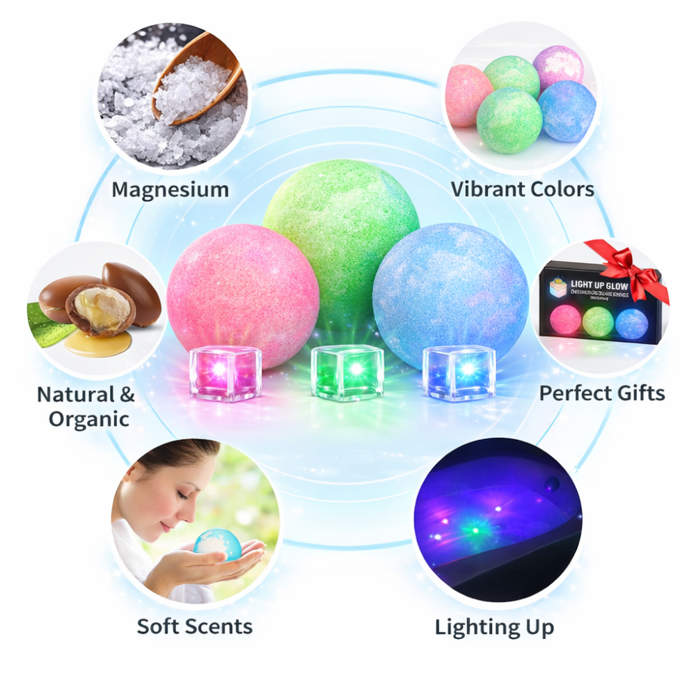 Colorful glowing bath bombs with various features highlighted on a white background