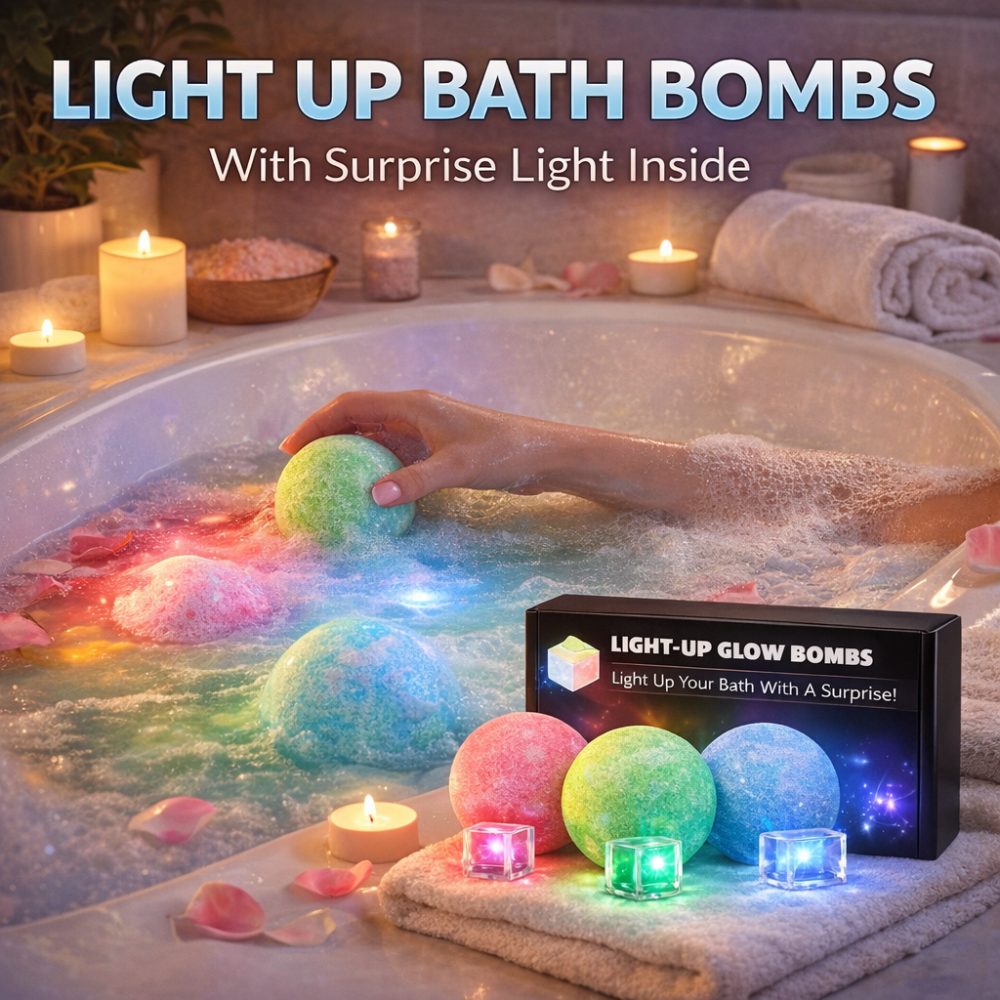 Light-up bath bombs with surprise light inside being used in a bathtub.