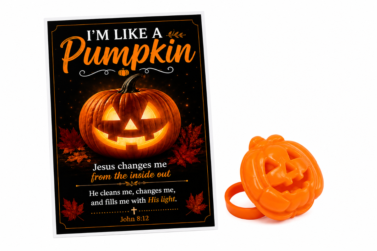 A Christian Halloween-themed devotional card and matching orange plastic pumpkin ring. The card features a carved pumpkin illustration with the text 'I'M LIKE A Pumpkin' and a Bible verse from John 8:12.