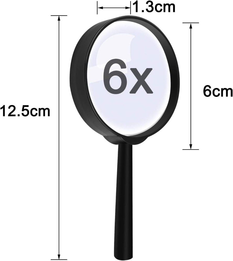 Magnifying glass with '6x' magnification and dimensions labeled on a white background