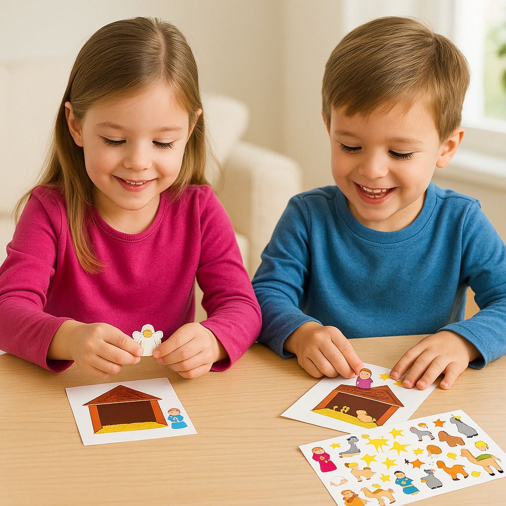 Two children playing with educational make a nativity scene stickers at a table.