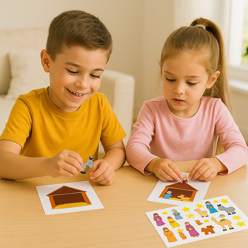 Two children playing with educational   Make a  Nativity sticker scene