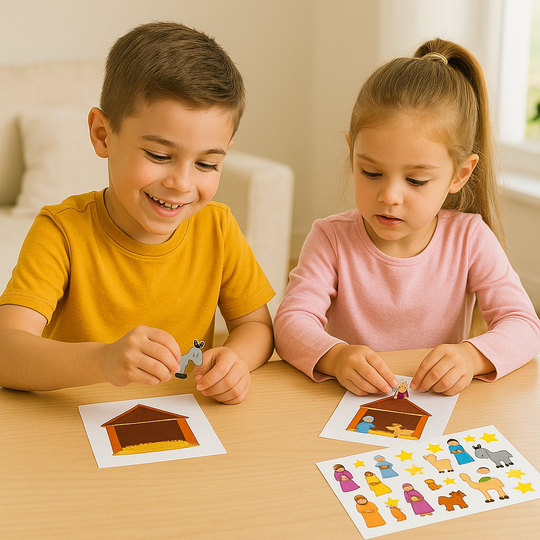 Two children playing with educational   Make a  Nativity sticker scene