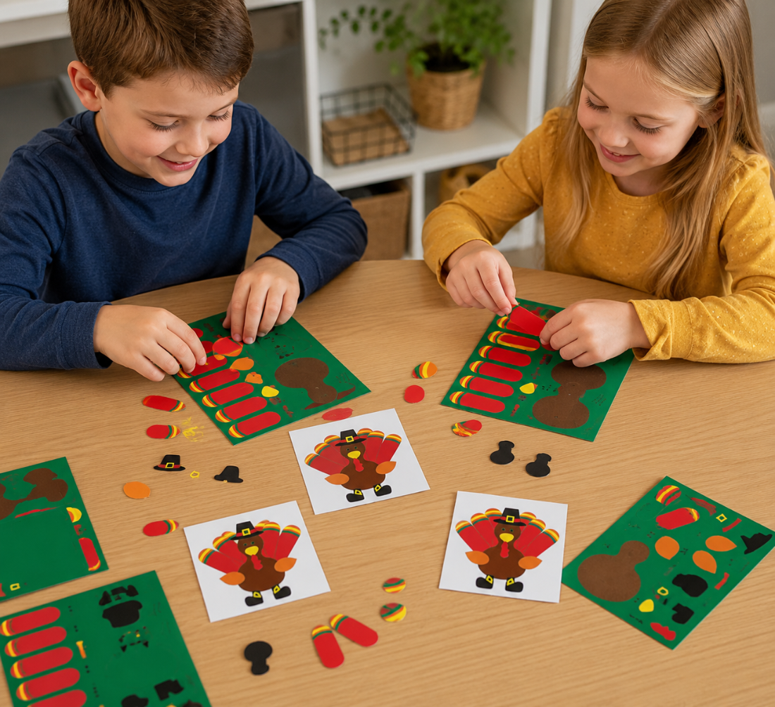 kids putting together make a turkey thanksgiving sticker scenes