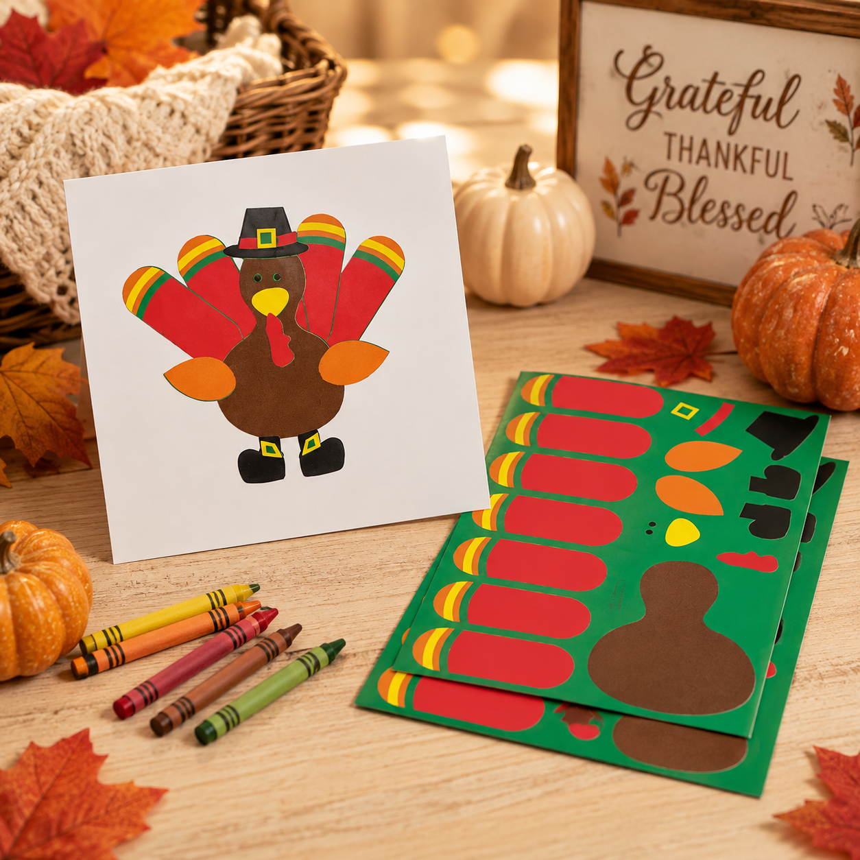 A Thanksgiving-themed craft kit shown on a wooden table with autumn props. The kit includes a printed turkey template card, a green sheet of turkey-shaped stickers, and several crayons.