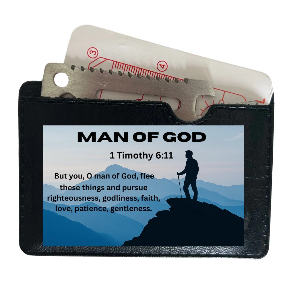 Black cardholder with motivational quote and silhouette design, featuring a pocket knife.