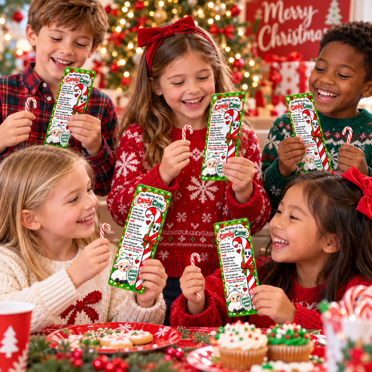 Christmas party with kids enjoying meaning of the candy cane bookmarks and candy canes.