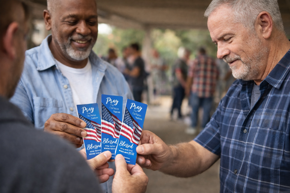 Two men exchanging pray for our nation bookmarks with American flag designs.