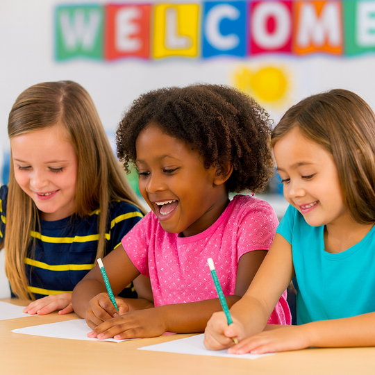 Three children sitting at a table with mermaid pencils, smiling and writing in a classroom setting.