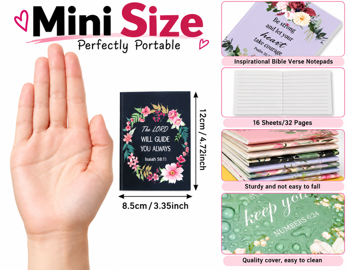 A hand is shown for scale next to a small Bible verse notepad set labeled 'Mini Size' with dimensions 12cm by 8.5cm.