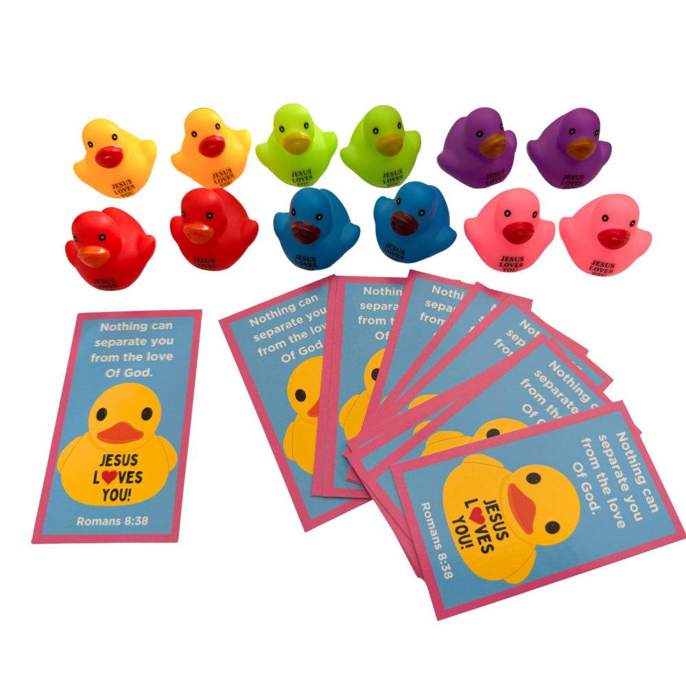 Colorful rubber duckies with religious cards on a white background
