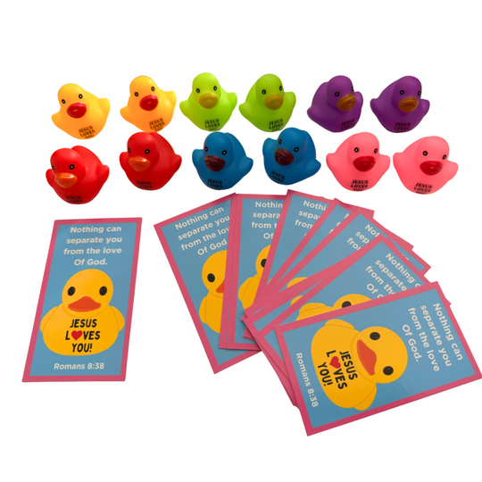 Colorful rubber duckies with religious cards on a white background