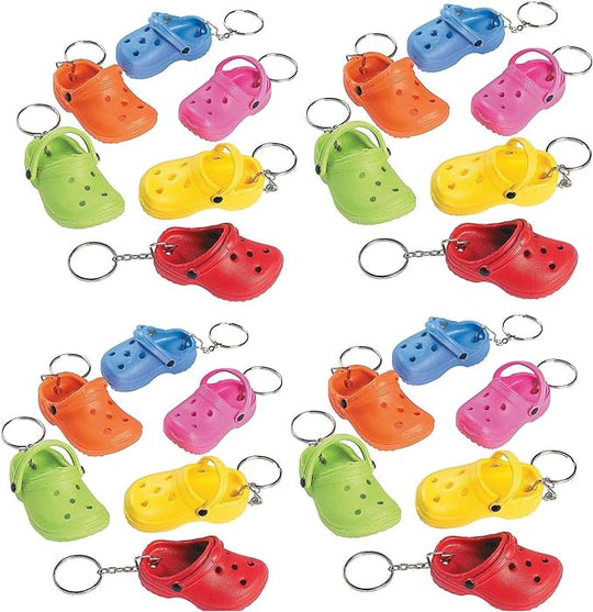 24 Bulk Wholesale Count Charming Mini Rubber Shoe Keychains - Miniature Clog Slippers - Perfect Party Favors and Customizable Gifts