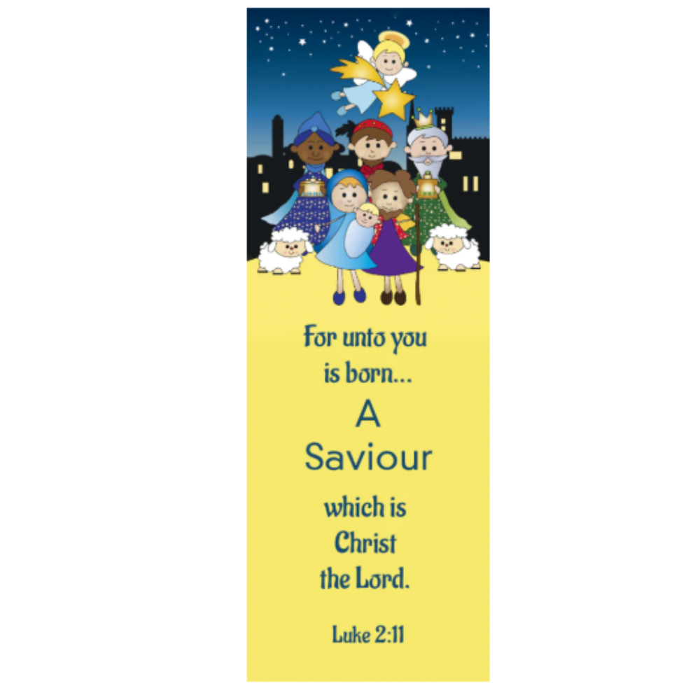 Christmas-themed bookmark with nativity scene and Bible verse on a yellow background