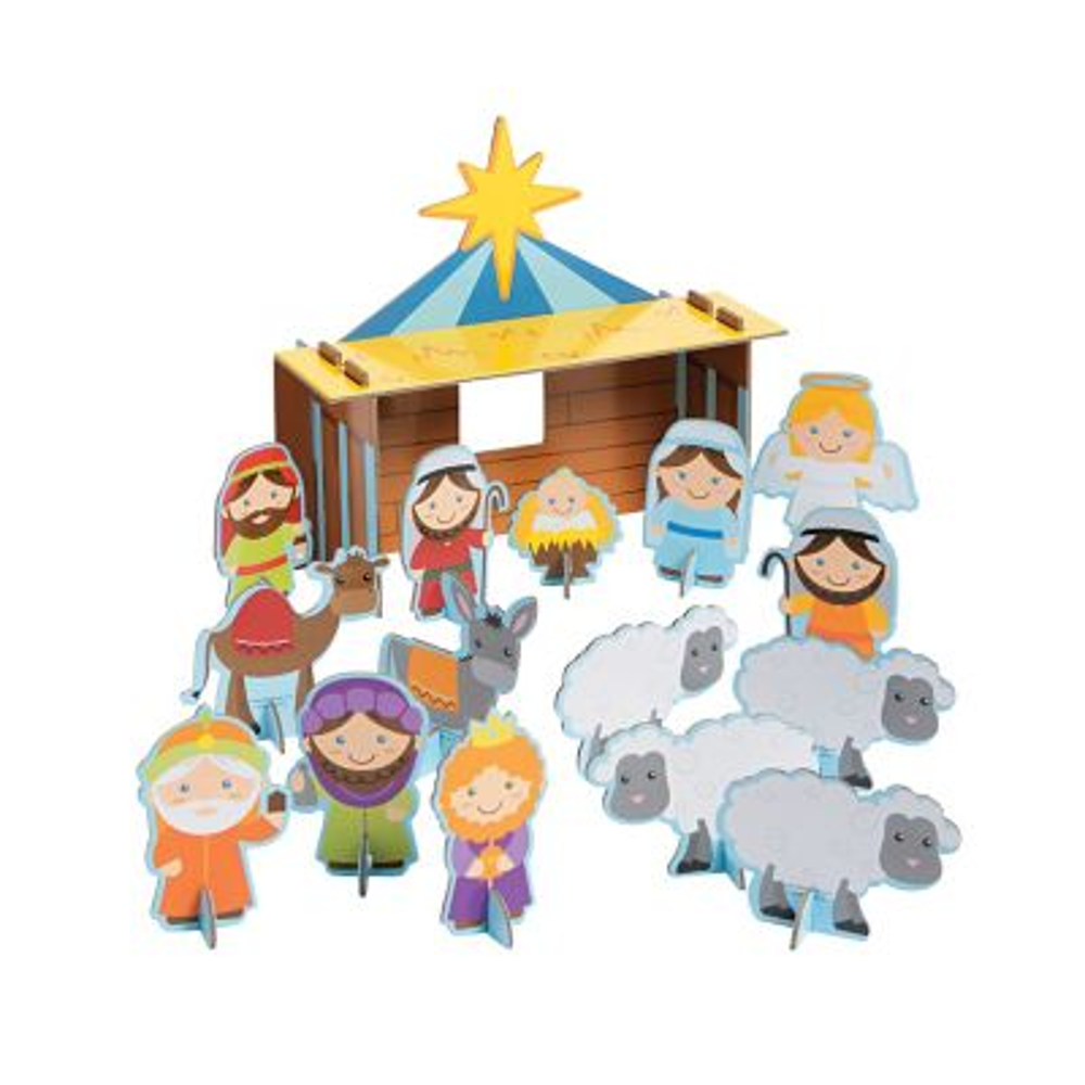 Set of colorful nativity scene figures with a stable and star on a white background