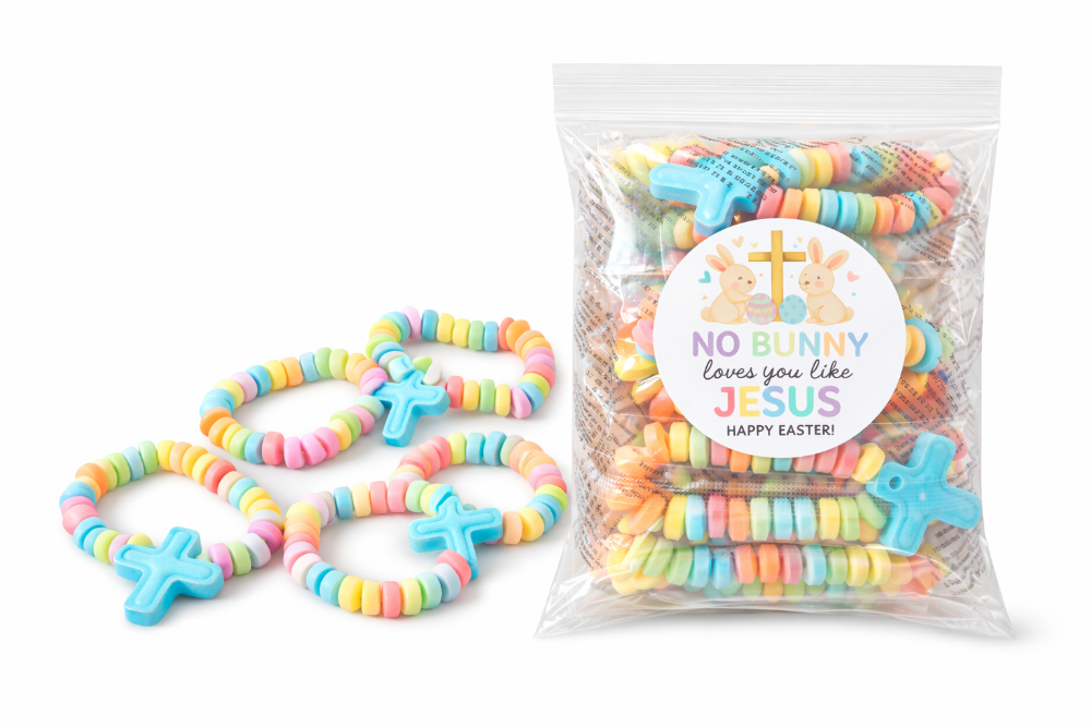 Colorful beaded bracelets with cross designs next to a bag of similar bracelets labeled 'No Bunny Loves You Like Jesus'.