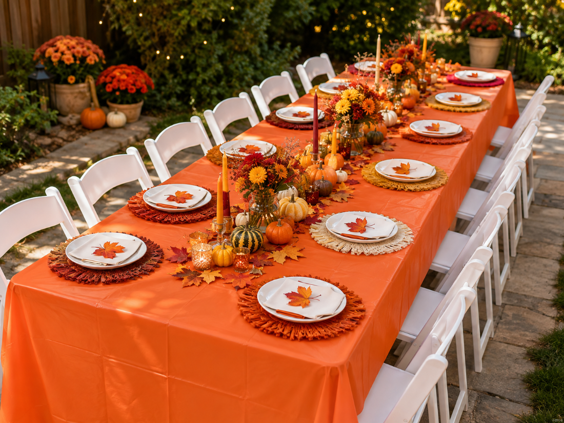 An outdoor dining table set for a fall banquet with a bright orange tablecloth, white chairs, white plates with orange leaf accents, woven placemats, and autumn floral centerpieces with pumpkins and candles.