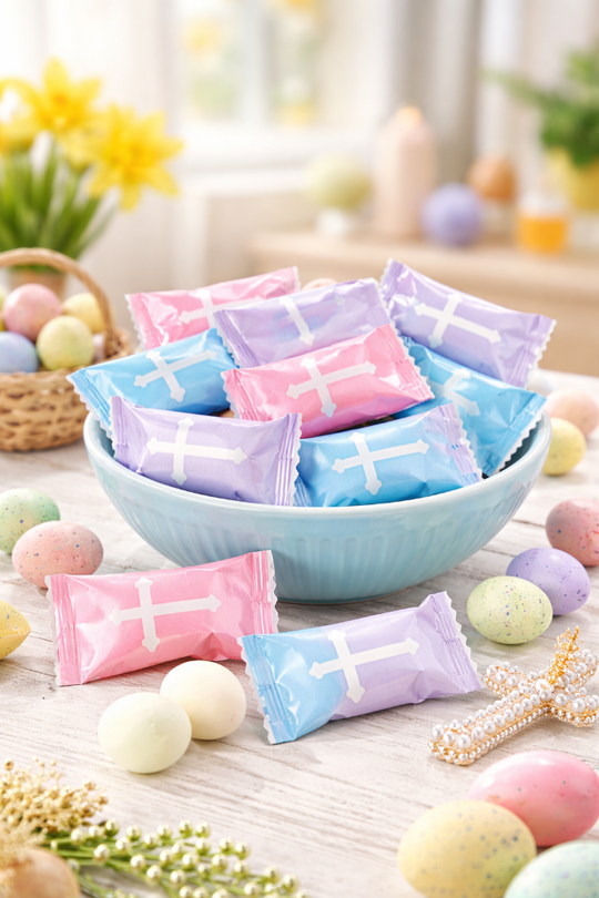 Pastel-colored cross-shaped candies in a bowl with Easter eggs and flowers on a table.