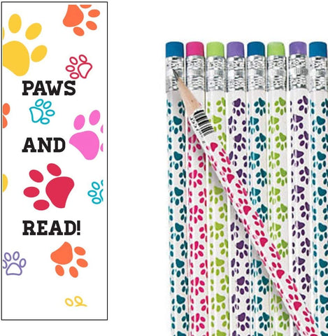 Paws and Read Bulk Reading Bookmarks for Kids with Paw Print Pencils Students Teachers School Classroom Award Prizes Teacher Supplies Bulk 24 Sets (48 Pieces)