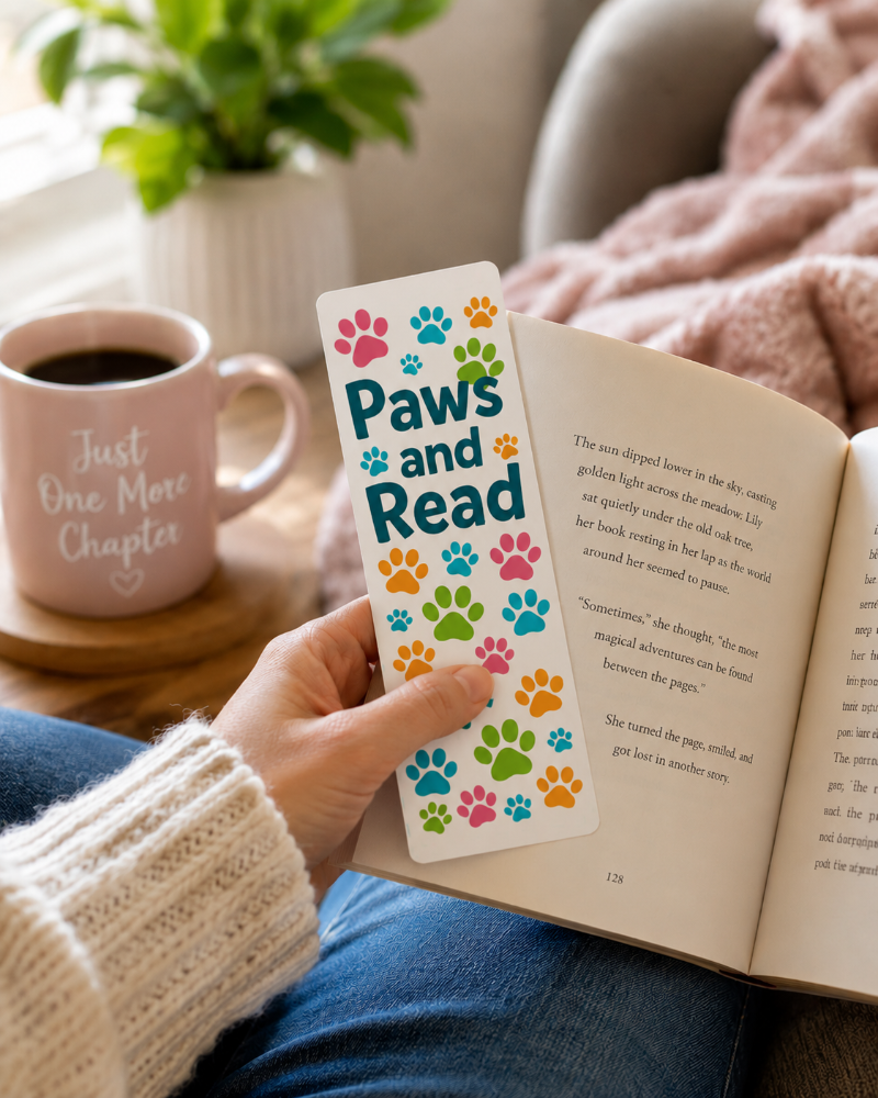 A hand holding a white bookmark with colorful paw prints and the words 'Paws and Read' next to an open book. The scene is cozy with a pink coffee mug that says 'Just One More Chapter' in the background.