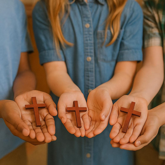 Four people holding wooden crosses in their hands