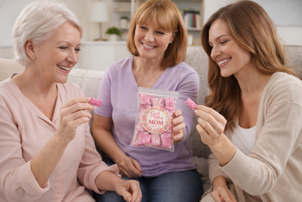 Three women sitting on a couch, holding pink candy bag saying God bless Mom.