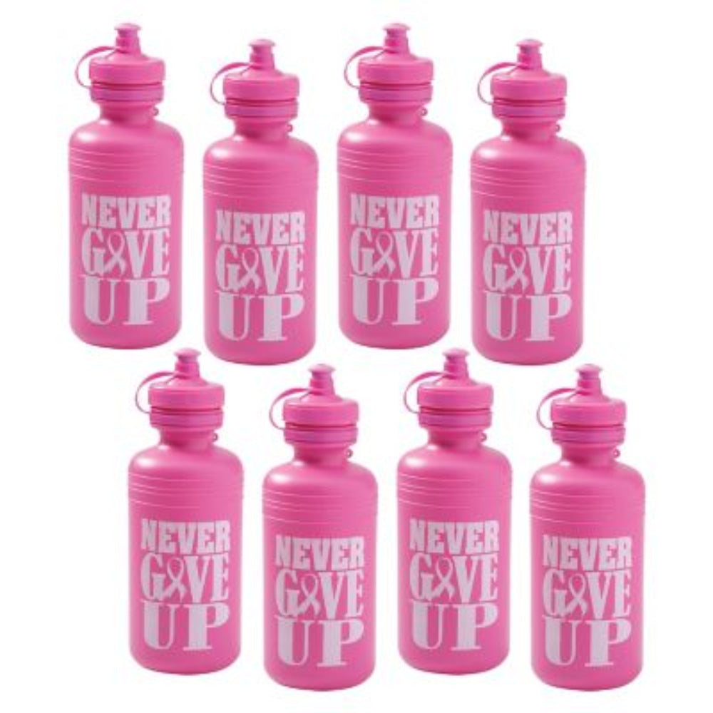 A set of sixty pink plastic water bottles with the phrase 'NEVER GIVE UP' printed on them.