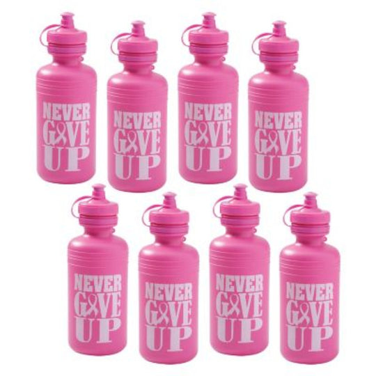 A set of sixty pink plastic water bottles with the phrase 'NEVER GIVE UP' printed on them.