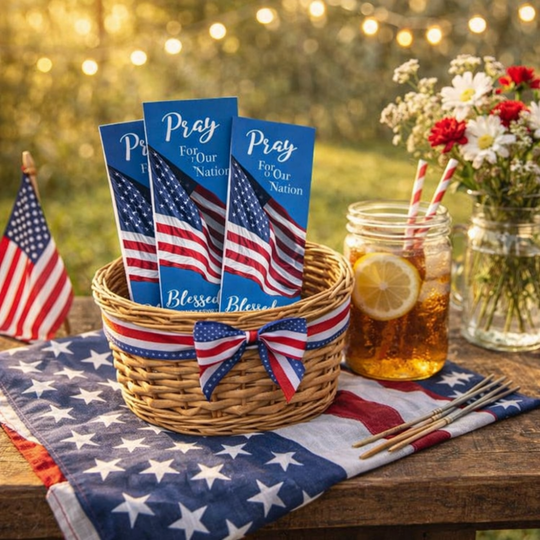 Decorative basket with American flags, pray for our nation bookmarks and a drink on a table with a patriotic theme.