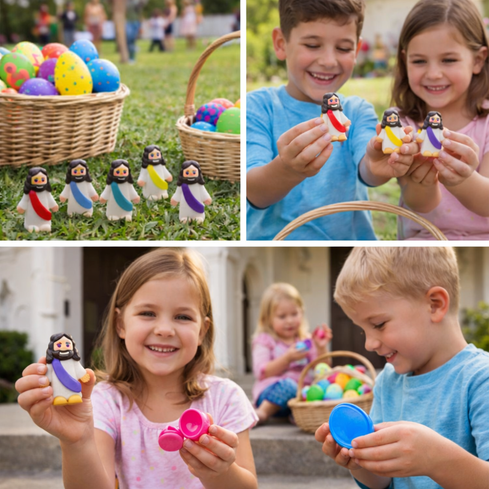 Children playing with religious figurines and Easter eggs outdoors.