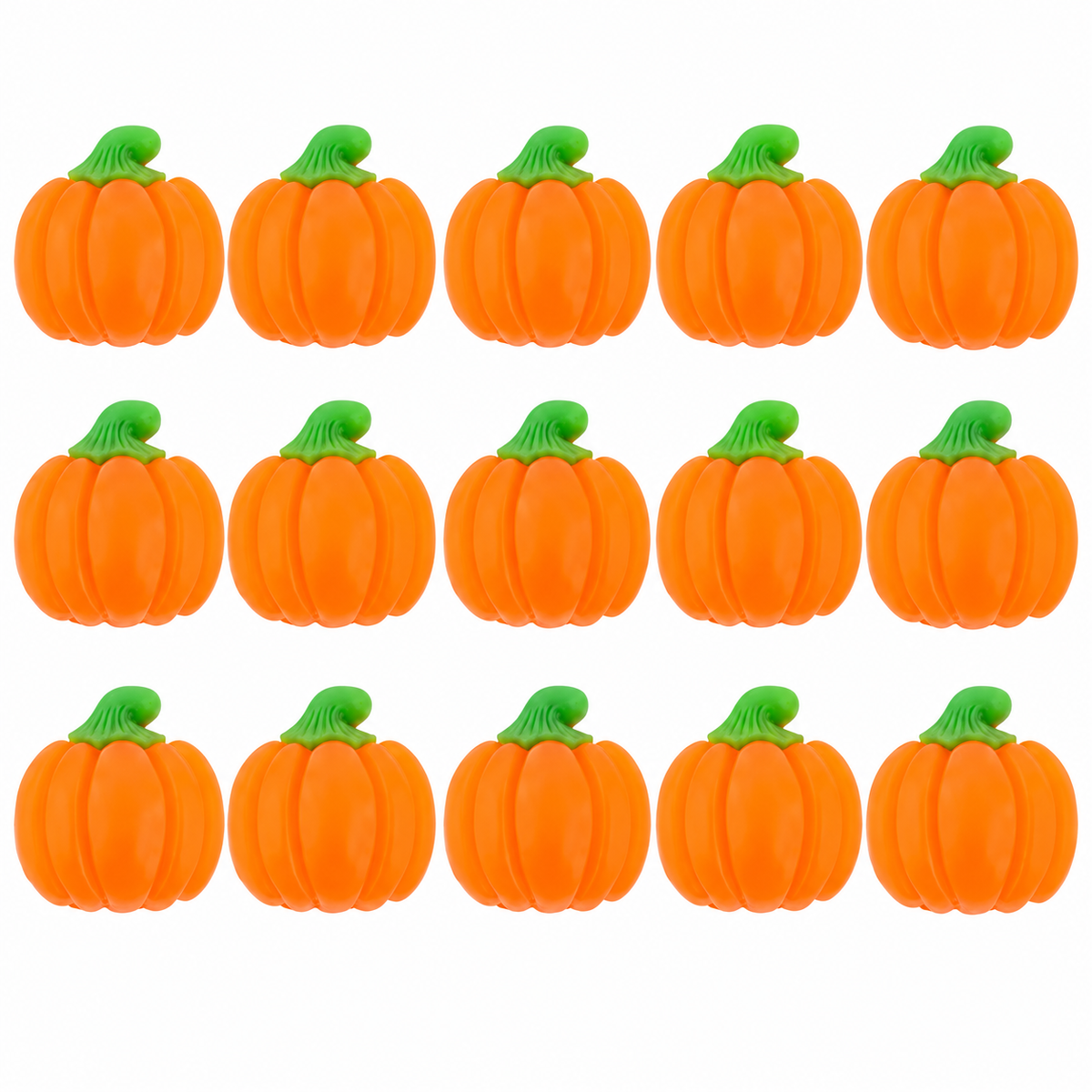 15 orange pumpkin-shaped gummy candies with green stems arranged in three neat rows on a white background, perfect for Halloween parties, trunk-or-treat events, and fall party favors.