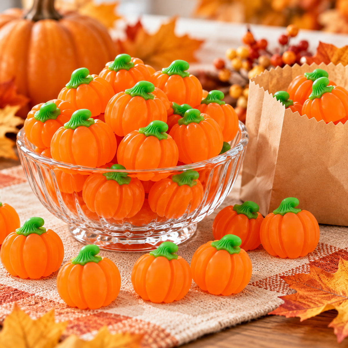 Bowl of pumpkin-shaped orange gummy candies with green tops displayed on a fall table with autumn leaves and treat bags.