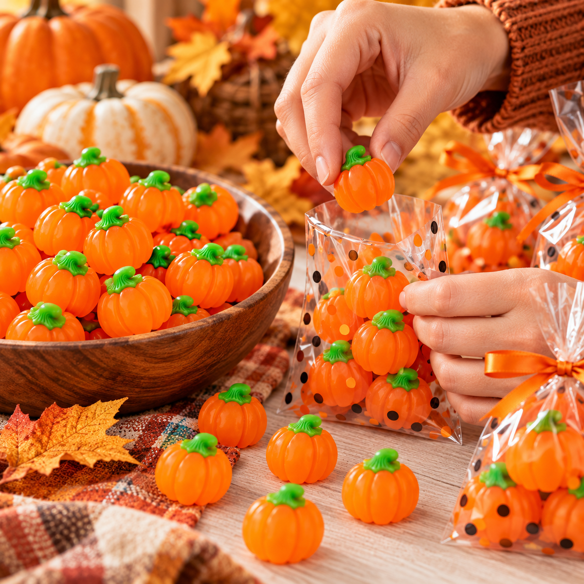 Hands filling clear treat bags with pumpkin-shaped gummy candies beside a bowl of orange pumpkin candies in a fall-themed setting.