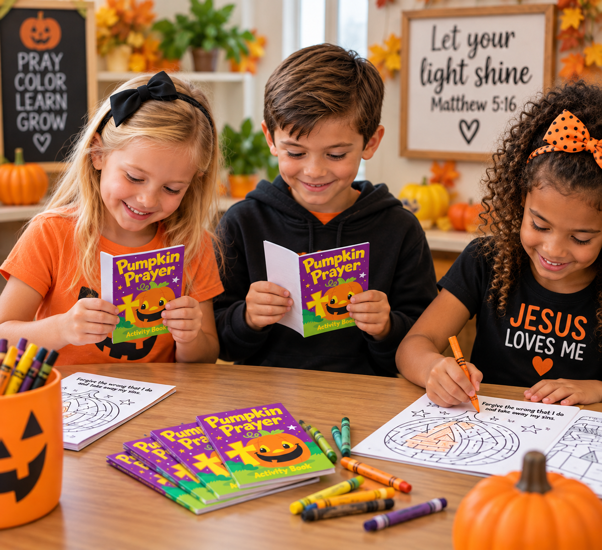 Three children in Halloween costumes sit at a table reading 'Pumpkin Prayer' booklets and coloring, surrounded by pumpkins, crayons, and autumn decorations in a warm indoor setting.