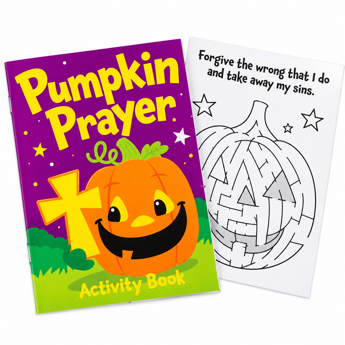 A children's activity book titled 'Pumpkin Prayer Activity Book' shown with two pages: one colorful cover featuring a smiling jack-o'-lantern and a cross on a purple background, and one white interior page with a black-and-white pumpkin maze and a Bible verse.