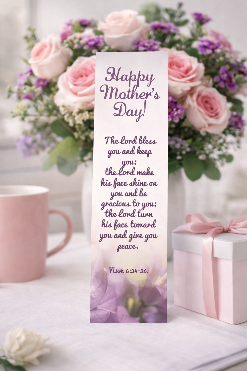 50 Bulk Mother's Day Bookmarks – Purple Flowers, Numbers 6:24 Verse