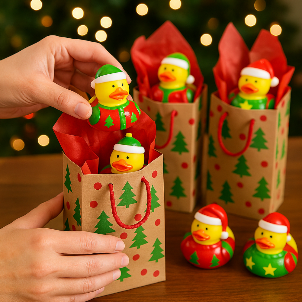 Hand holding a ugly sweater Christmas-themed duck toy in a gift bag with more toys and bags in the background.
