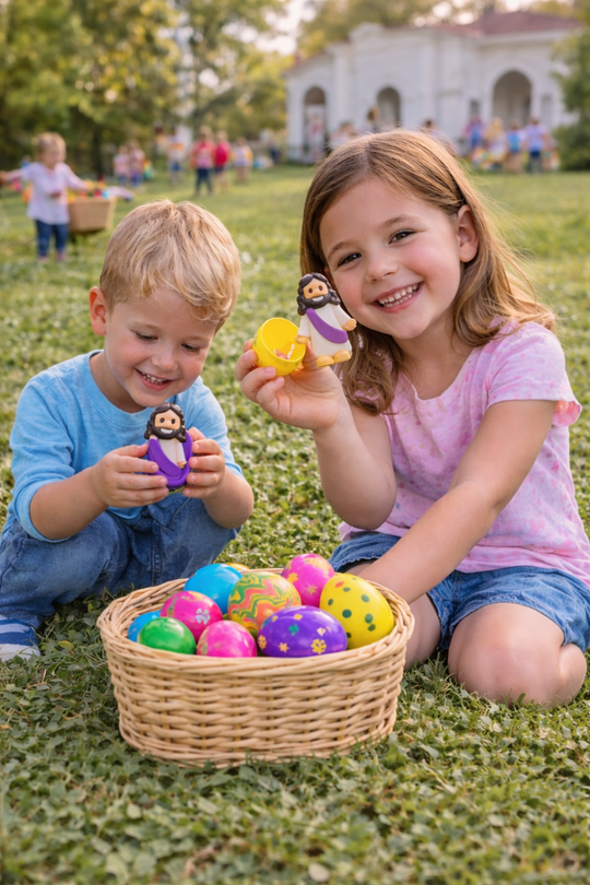 Two children playing with Easter eggs in a park