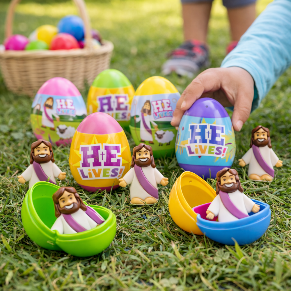 Colorful Easter eggs with Jesus figurines on grass, with a hand reaching for one.