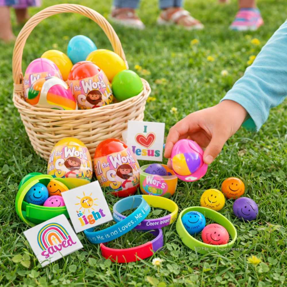 Colorful Easter eggs and accessories on grass with a child's hand reaching for an egg.
